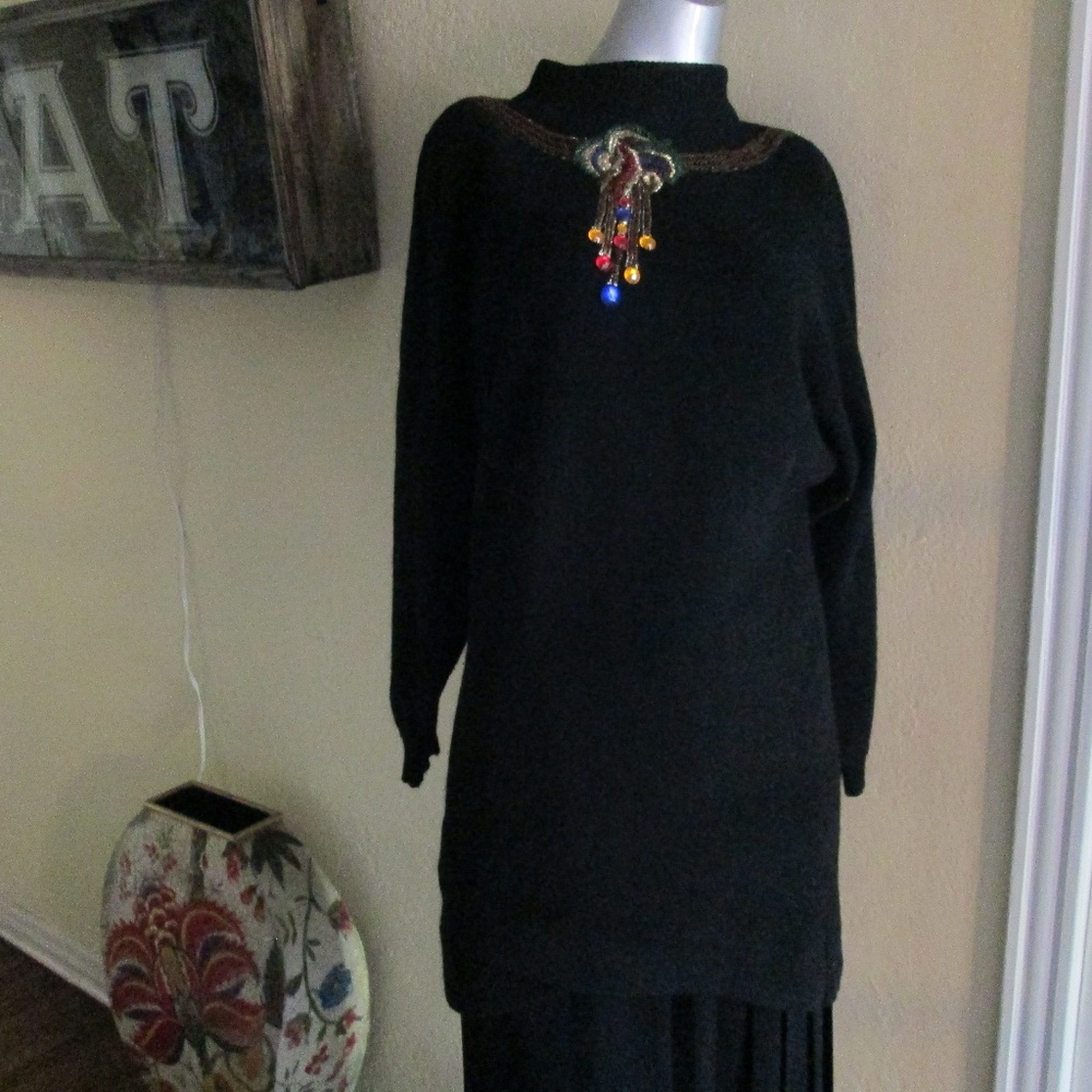 Vintage Jeweled Beaded Long Black Sweater Pullover